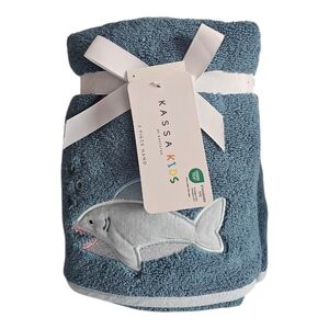2 PC Set Kassa Kids Hand Towels Nautical Ocean Embroidered Shark Blue Sea Life